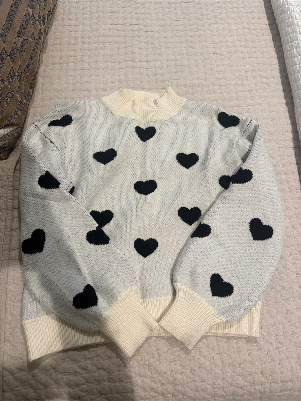A Classy Chic Boutique Cream Knit Sweater with Black Hearts